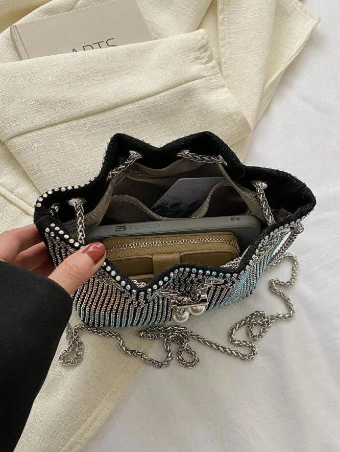 Multi-Color Sparkling Rhinestone Drawstring Bucket Bag
