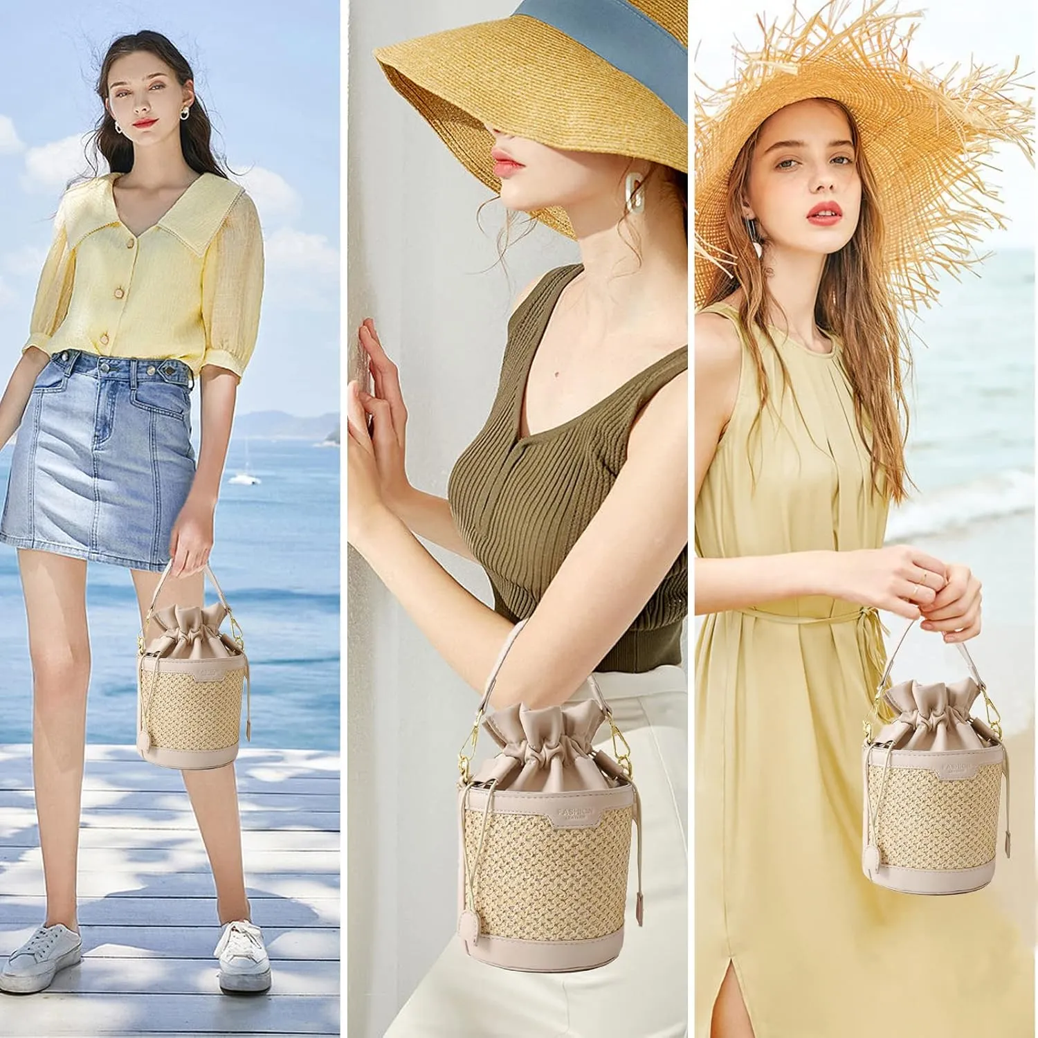 Orgonite Bucket Straw Handbag, Handmade Tote Bag with Pearl Flower, Beach Woven Bag Rattan Basket Purse Drawstring for Women