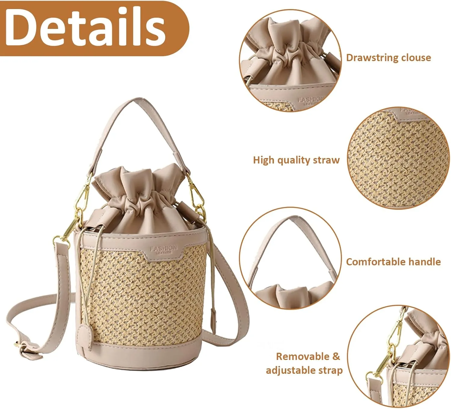 Orgonite Bucket Straw Handbag, Handmade Tote Bag with Pearl Flower, Beach Woven Bag Rattan Basket Purse Drawstring for Women