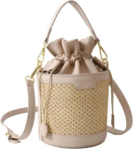 Orgonite Bucket Straw Handbag, Handmade Tote Bag with Pearl Flower, Beach Woven Bag Rattan Basket Purse Drawstring for Women