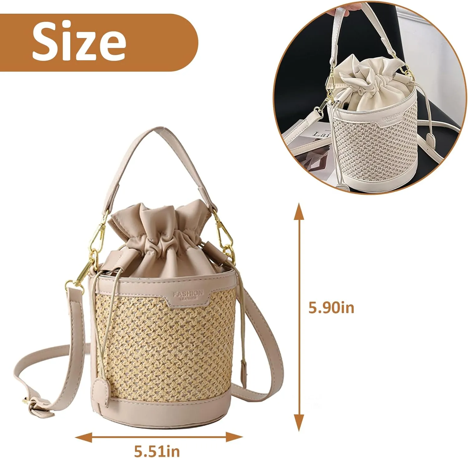 Orgonite Bucket Straw Handbag, Handmade Tote Bag with Pearl Flower, Beach Woven Bag Rattan Basket Purse Drawstring for Women