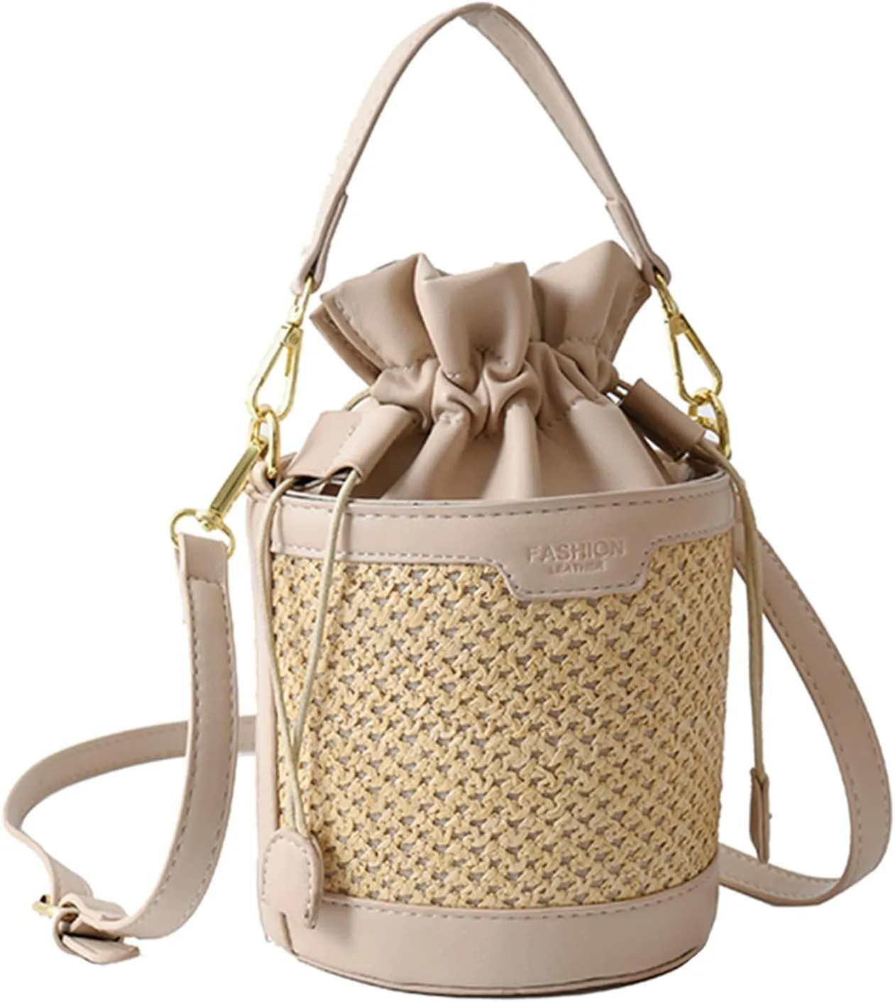Orgonite Bucket Straw Handbag, Handmade Tote Bag with Pearl Flower, Beach Woven Bag Rattan Basket Purse Drawstring for Women