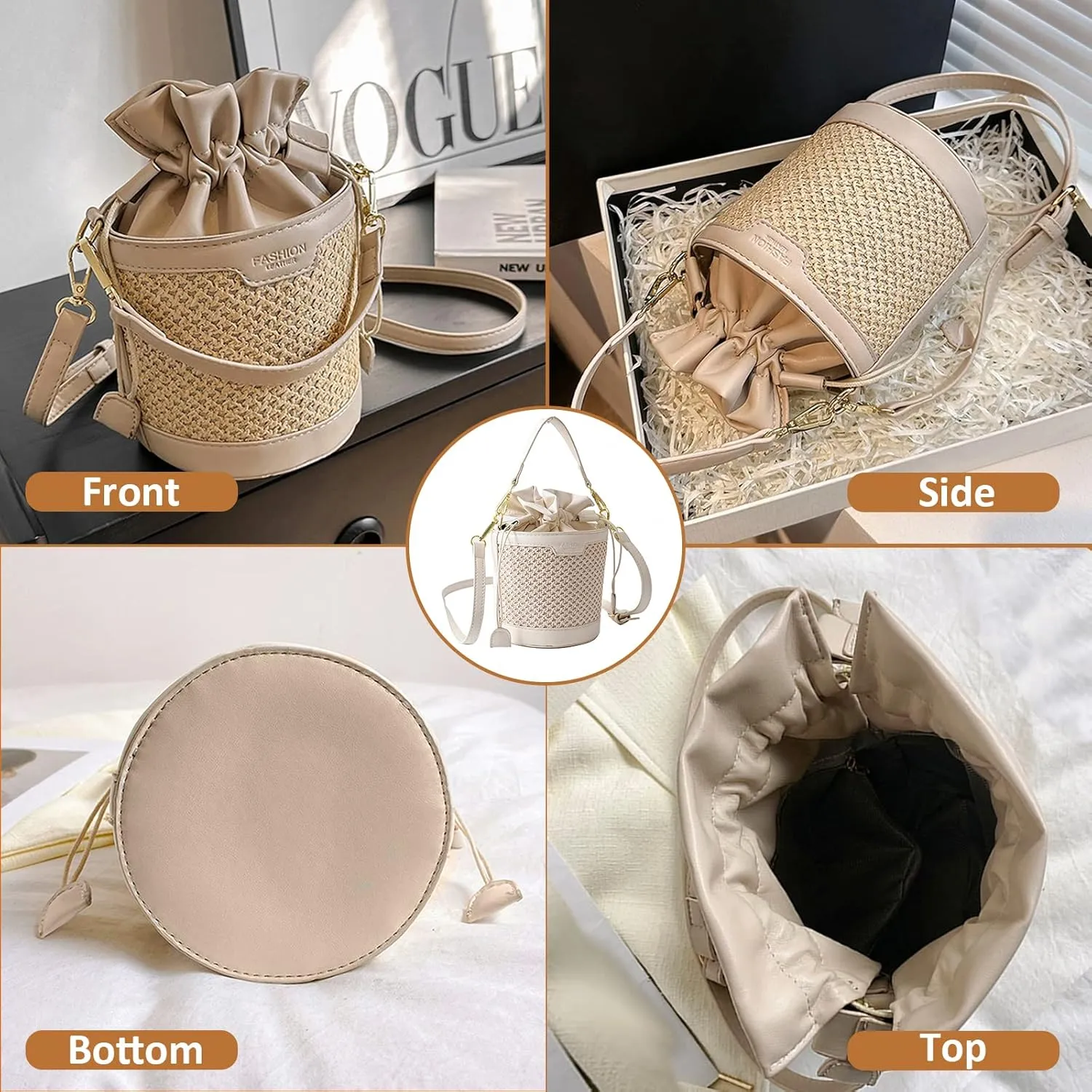 Orgonite Bucket Straw Handbag, Handmade Tote Bag with Pearl Flower, Beach Woven Bag Rattan Basket Purse Drawstring for Women