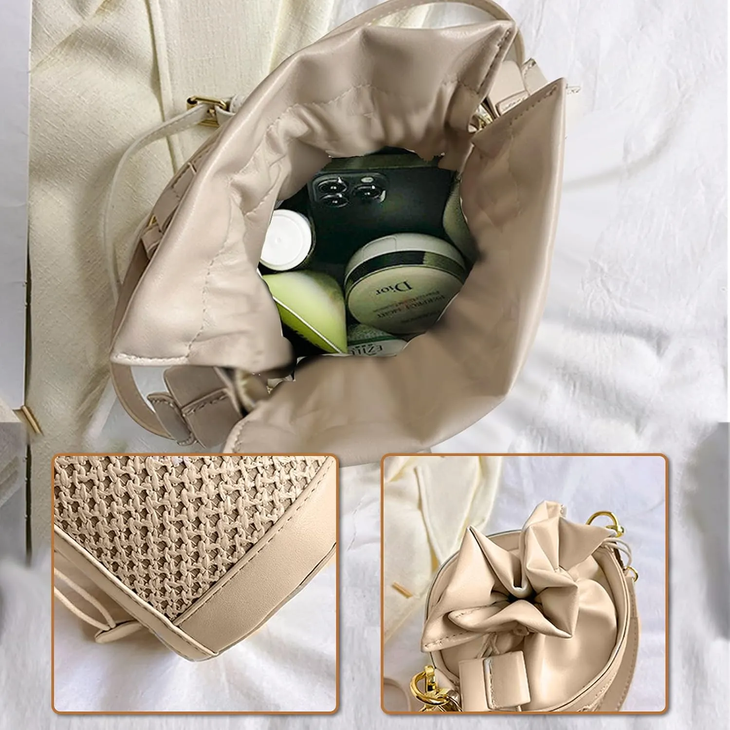Orgonite Bucket Straw Handbag, Handmade Tote Bag with Pearl Flower, Beach Woven Bag Rattan Basket Purse Drawstring for Women