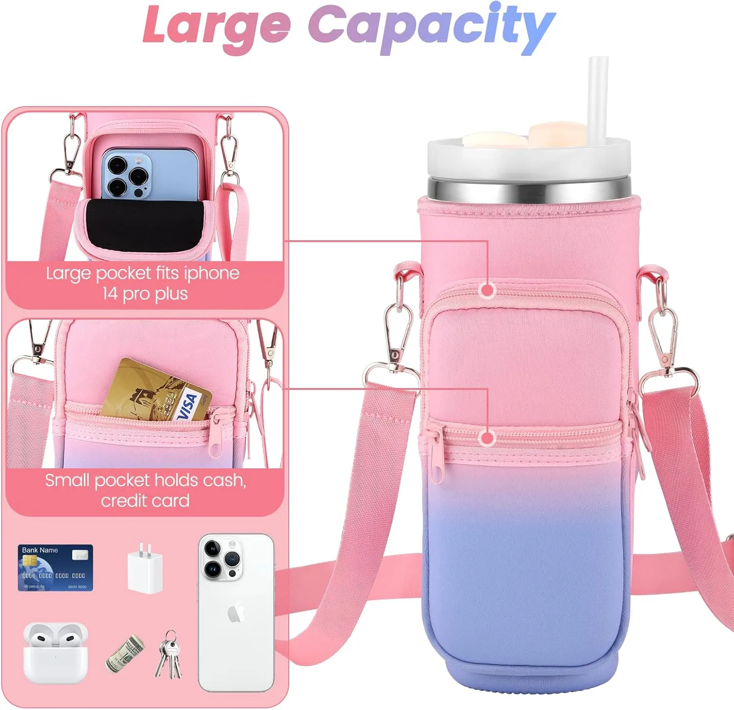 OUTXE Water Bottle Carrier Bag for 30 oz 40 oz Stanley Tumbler with Handle, Water Bottle Holder with Strap& Phone Pocket, Stanley Cup Accessories for Walking, Outdoor, Gym
