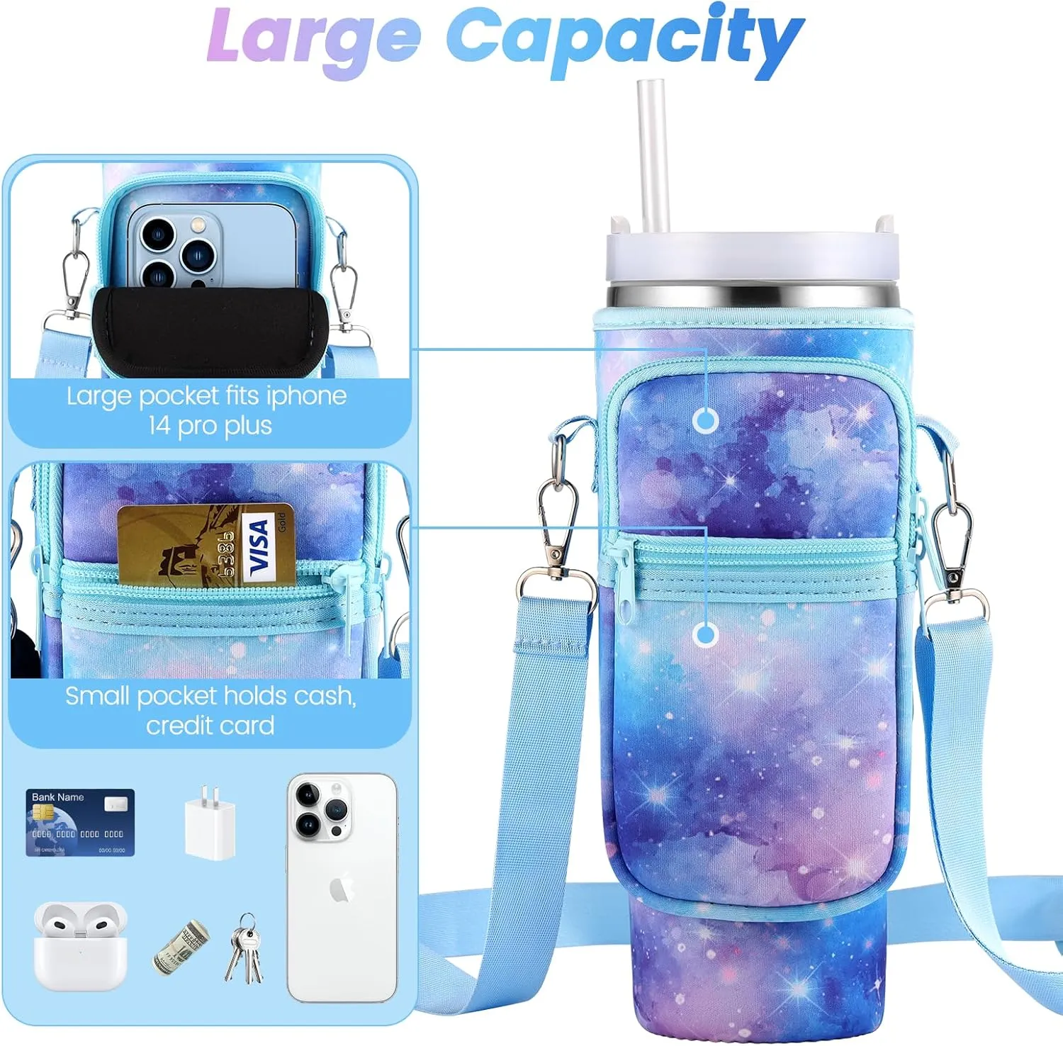 OUTXE Water Bottle Carrier Bag for 30 oz 40 oz Stanley Tumbler with Handle, Water Bottle Holder with Strap& Phone Pocket, Stanley Cup Accessories for Walking, Outdoor, Gym