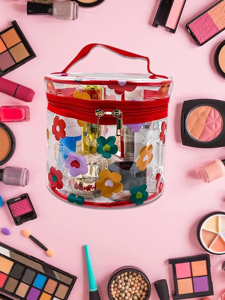 Printed Flowers Clear Cylinder Travel Makeup Bag,Portable Waterproof Pouch with Handle Ideal for Women and Girl (Daisy (D1049-1))
