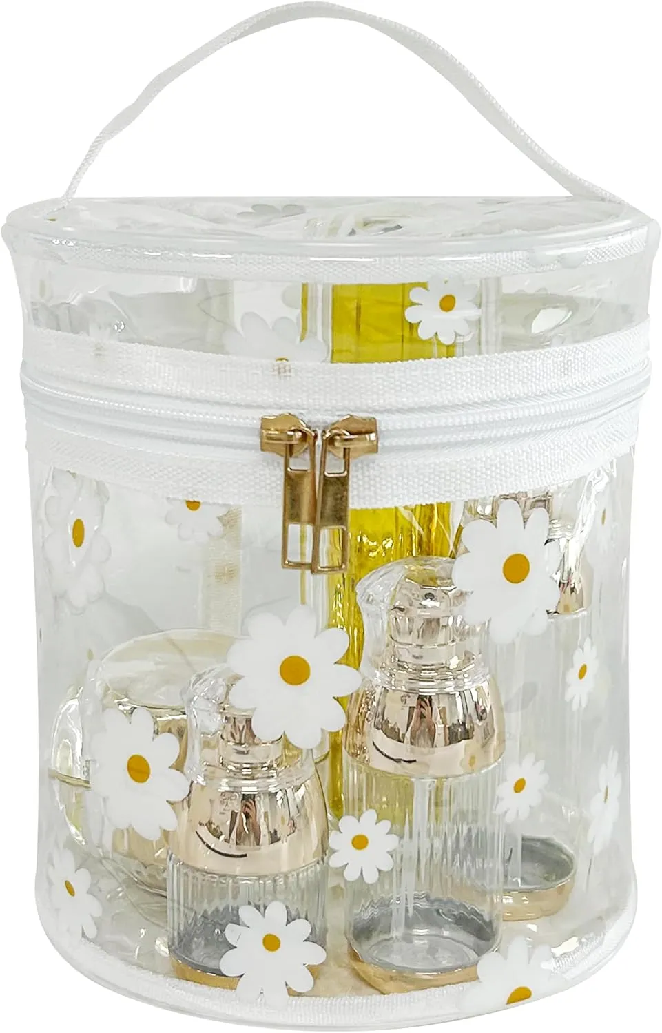 Printed Flowers Clear Cylinder Travel Makeup Bag,Portable Waterproof Pouch with Handle Ideal for Women and Girl (Daisy (D1049-1))