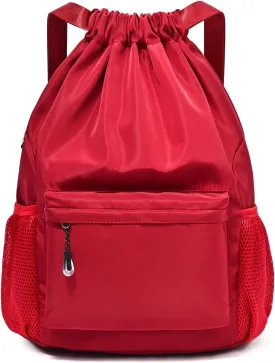 Red Drawstring Backpack for Women, Waterproof Drawstring Gym Bag for Men, Small Cinch Sack for Basketball, Pull String Sport Bag for Soccer.
