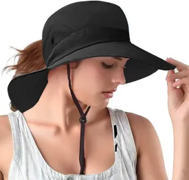 Rosoz Ponytail Sun Bucket Hats for Women UV Protection Foldable Mesh Wide Brim Hiking Beach Fishing Summer Safari