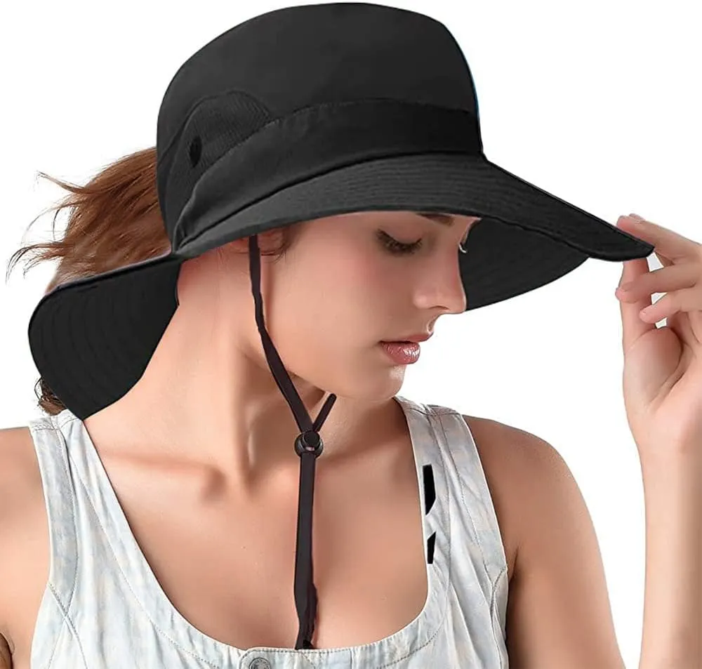 Rosoz Ponytail Sun Bucket Hats for Women UV Protection Foldable Mesh Wide Brim Hiking Beach Fishing Summer Safari