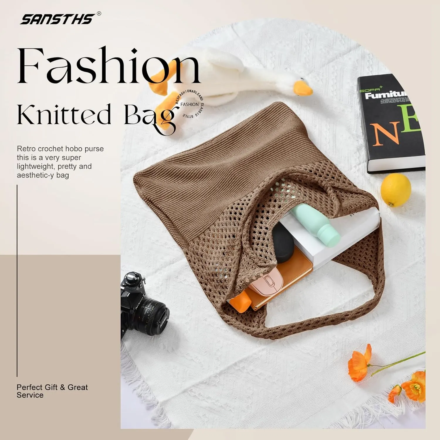 SANSTHS Crochet Mesh Beach Tote Bag Retro Hobo Knitted Bag Woven Tote Summer Shoulder Bag for Women