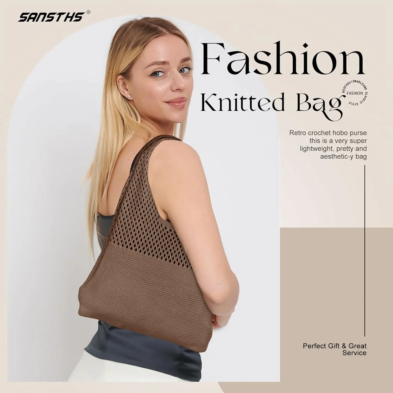 SANSTHS Crochet Mesh Beach Tote Bag Retro Hobo Knitted Bag Woven Tote Summer Shoulder Bag for Women