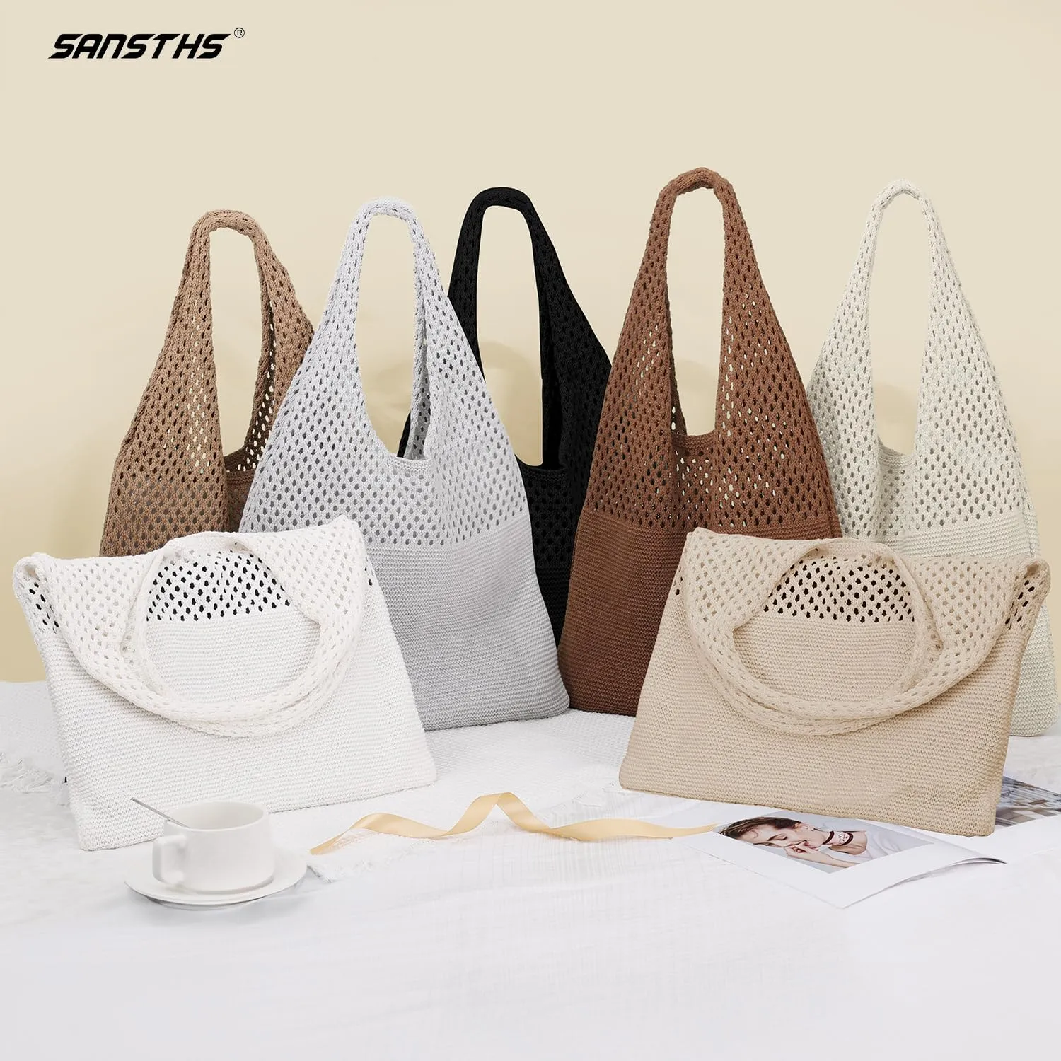 SANSTHS Crochet Mesh Beach Tote Bag Retro Hobo Knitted Bag Woven Tote Summer Shoulder Bag for Women