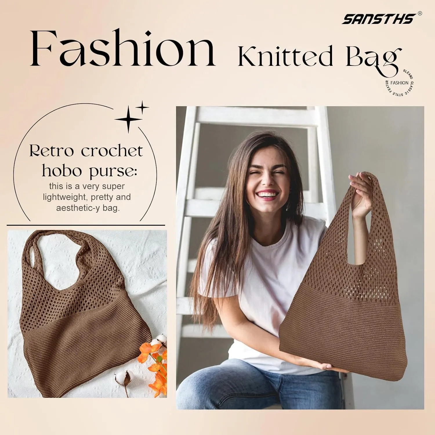 SANSTHS Crochet Mesh Beach Tote Bag Retro Hobo Knitted Bag Woven Tote Summer Shoulder Bag for Women