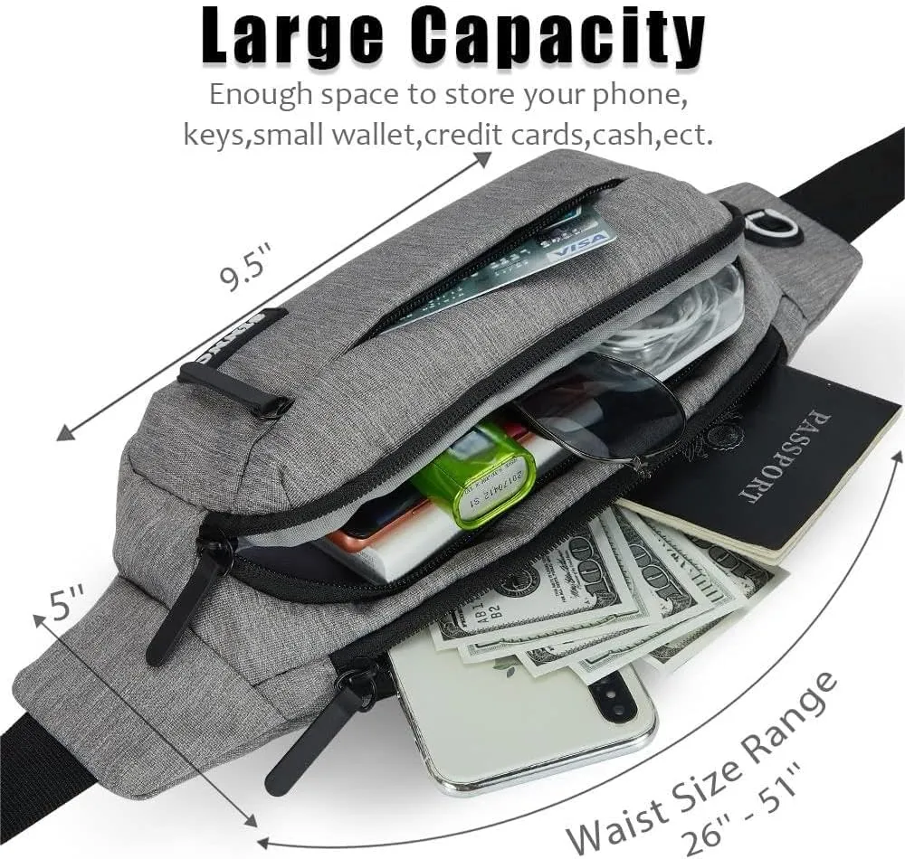 SINNO Large Crossbody Fanny Pack for Women Men Belt Bag With 4-Zipper Pockets for Travel Running Hiking Workout Dog Walking Outdoors Sport Fishing Waist Pack Bag Carrying All Phones