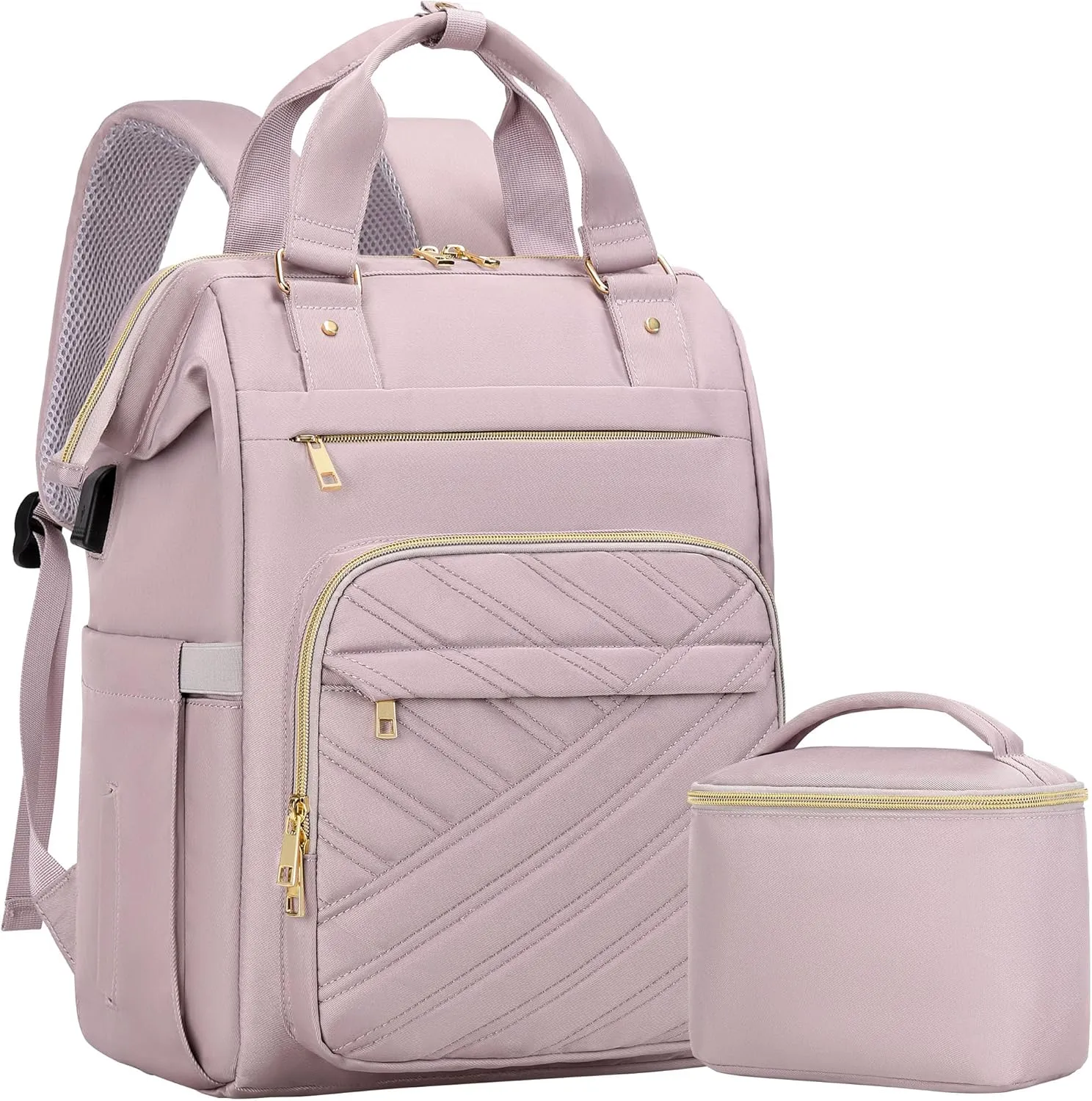 Travel Laptop Purse Backpack for Women, 15.6" Laptop Backpack with USB Charging Port, Personal Item Backpack for Office, Business, College, Light PurpleWith make-up bag