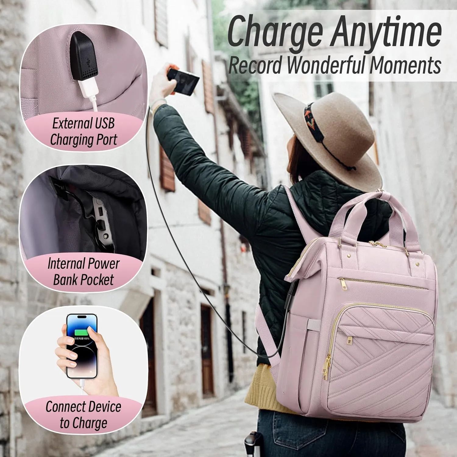 Travel Laptop Purse Backpack for Women, 15.6" Laptop Backpack with USB Charging Port, Personal Item Backpack for Office, Business, College, Light PurpleWith make-up bag