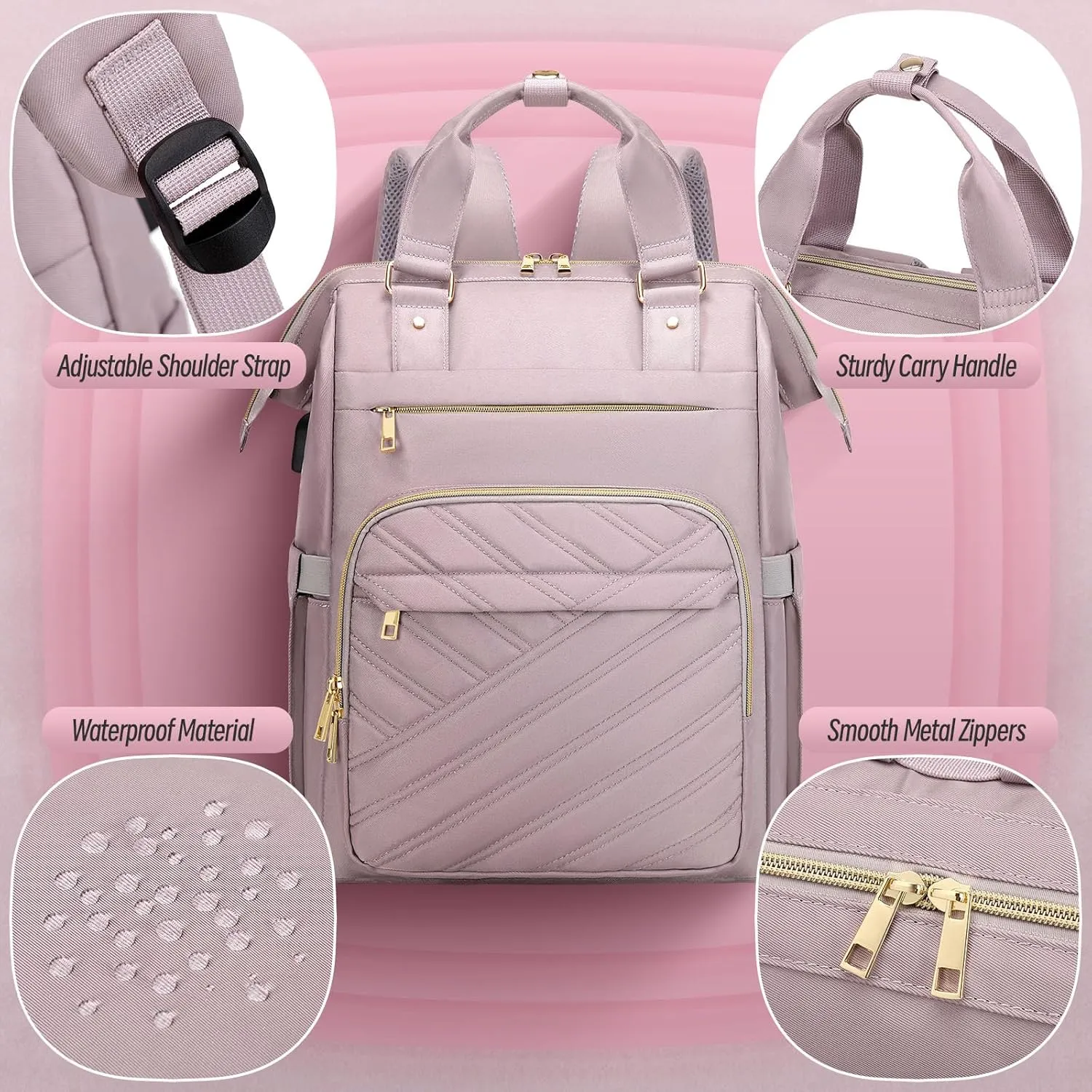 Travel Laptop Purse Backpack for Women, 15.6" Laptop Backpack with USB Charging Port, Personal Item Backpack for Office, Business, College, Light PurpleWith make-up bag