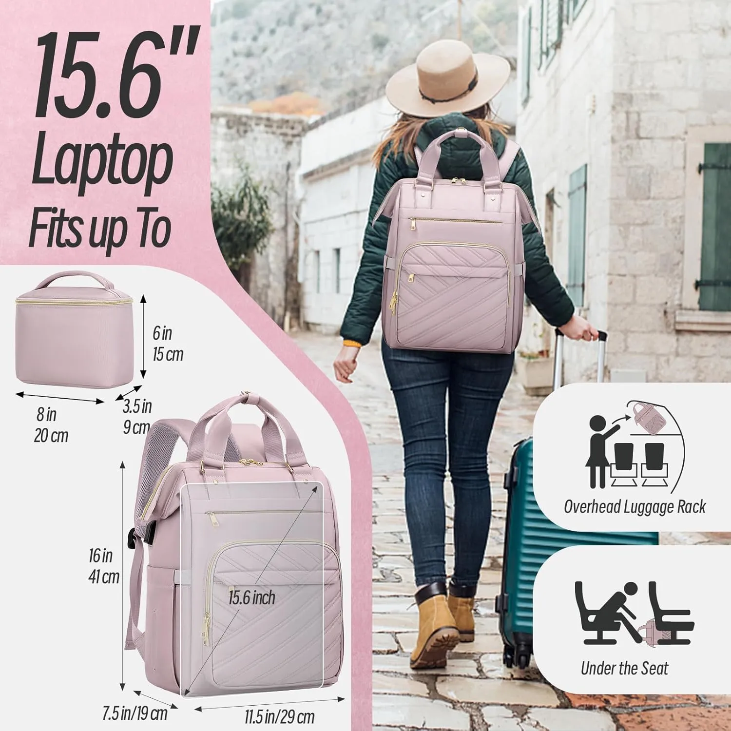 Travel Laptop Purse Backpack for Women, 15.6" Laptop Backpack with USB Charging Port, Personal Item Backpack for Office, Business, College, Light PurpleWith make-up bag