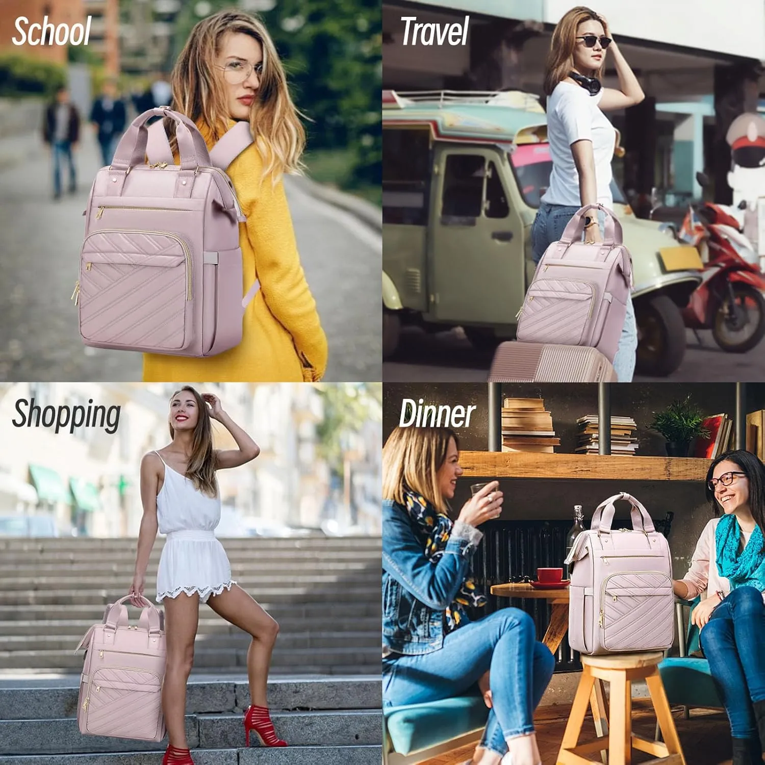 Travel Laptop Purse Backpack for Women, 15.6" Laptop Backpack with USB Charging Port, Personal Item Backpack for Office, Business, College, Light PurpleWith make-up bag