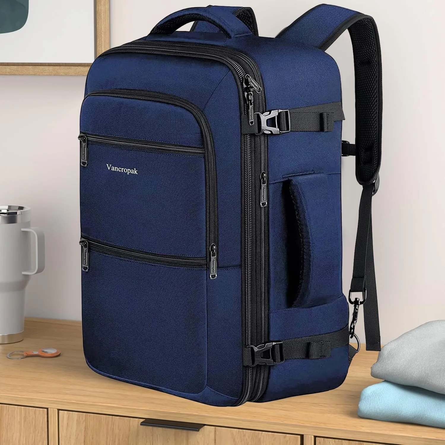 Vancropak Carry On Backpack, 50L Expandable Extra Large Travel Backpack, Flight Approved Water Resistant Luggage Suitcase Daypack, Lightweight Personal Business Weekender Bag for Men & Women, Blue