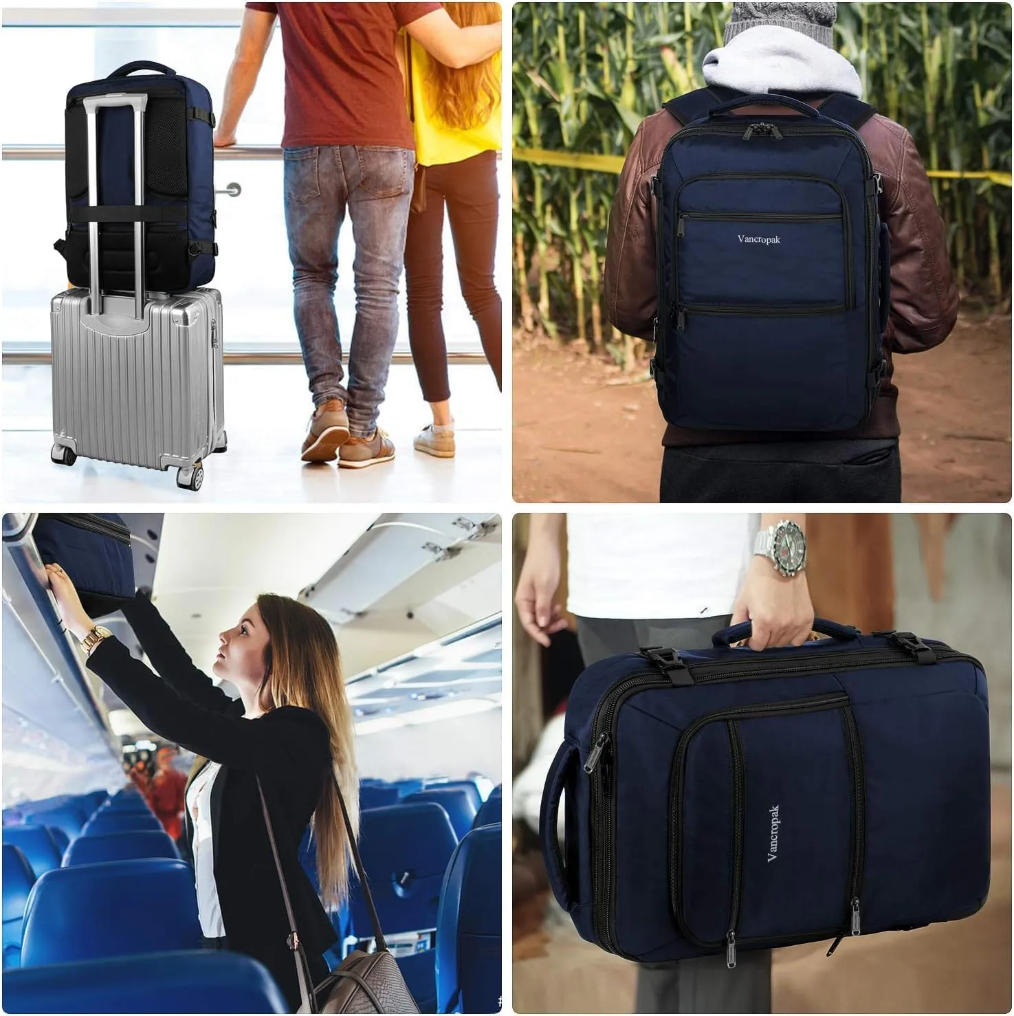 Vancropak Carry On Backpack, 50L Expandable Extra Large Travel Backpack, Flight Approved Water Resistant Luggage Suitcase Daypack, Lightweight Personal Business Weekender Bag for Men & Women, Blue