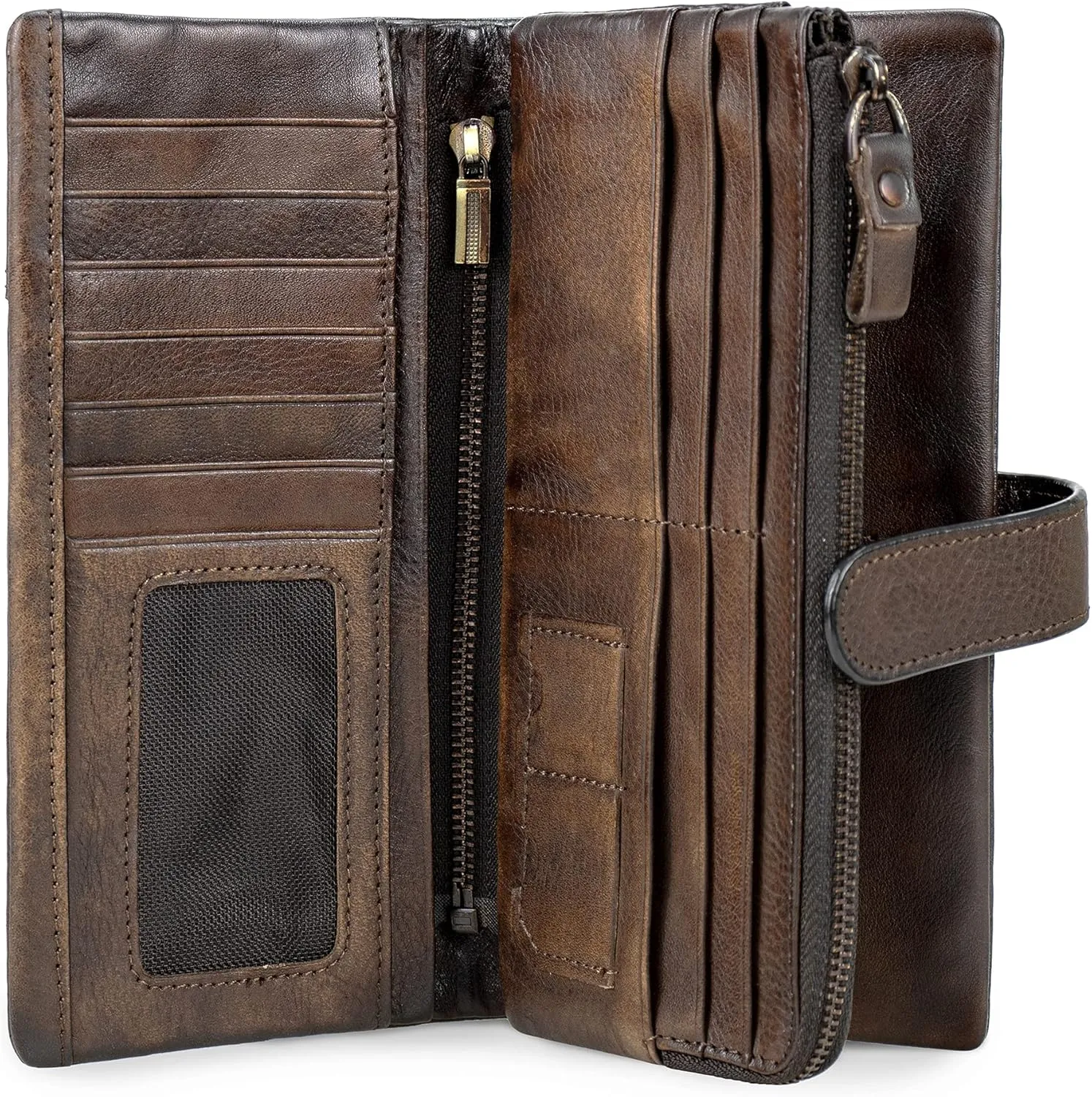 Women RFID Blocking Wallet Leather Vintage Large Capacity Credit Card Clutch Coffee