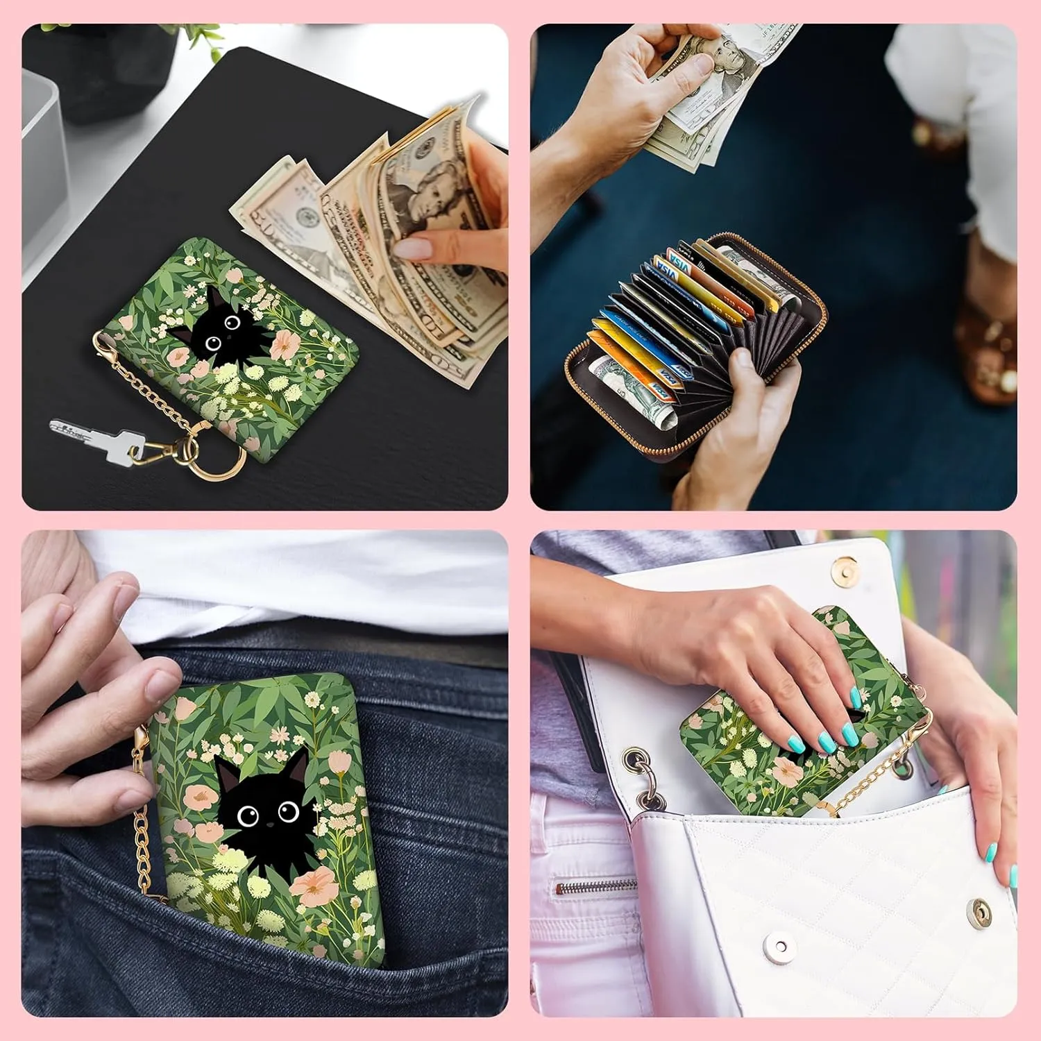 Women's Black Cat Floral RFID Wallet, Waterproof, Leather, 12 Card Slots, 2 Pockets for Coins, 2.5 in x 3.5 in