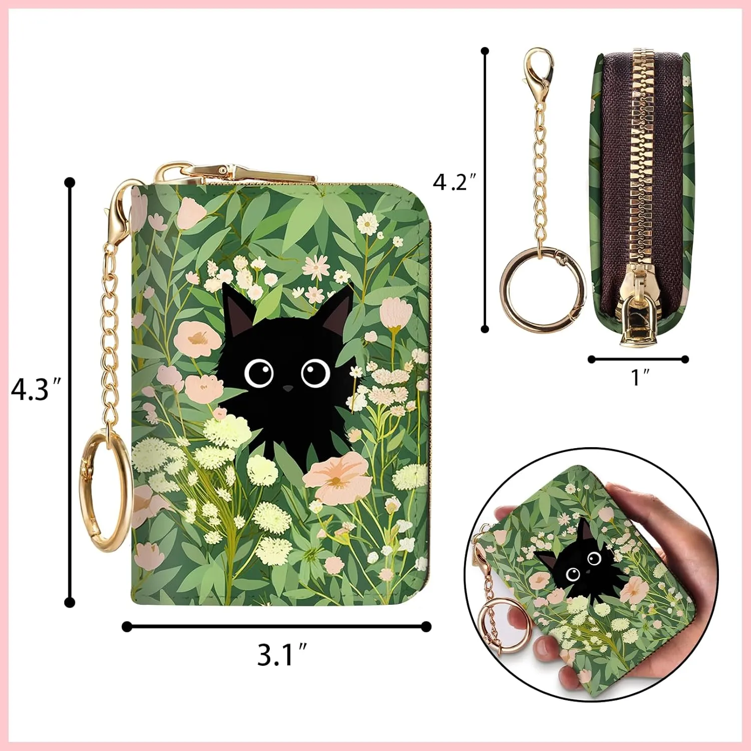 Women's Black Cat Floral RFID Wallet, Waterproof, Leather, 12 Card Slots, 2 Pockets for Coins, 2.5 in x 3.5 in