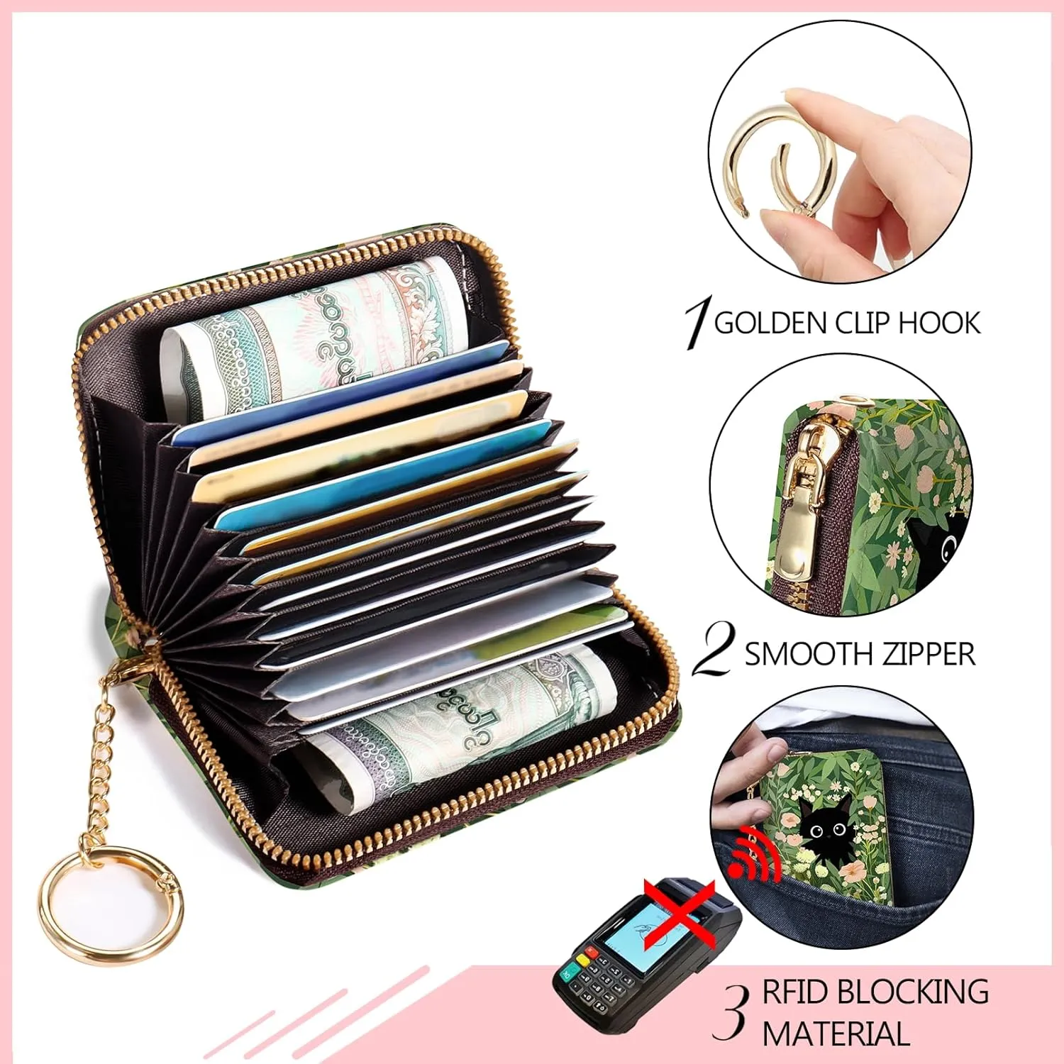 Women's Black Cat Floral RFID Wallet, Waterproof, Leather, 12 Card Slots, 2 Pockets for Coins, 2.5 in x 3.5 in