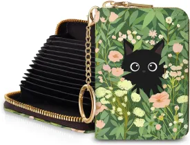 Women's Black Cat Floral RFID Wallet, Waterproof, Leather, 12 Card Slots, 2 Pockets for Coins, 2.5 in x 3.5 in